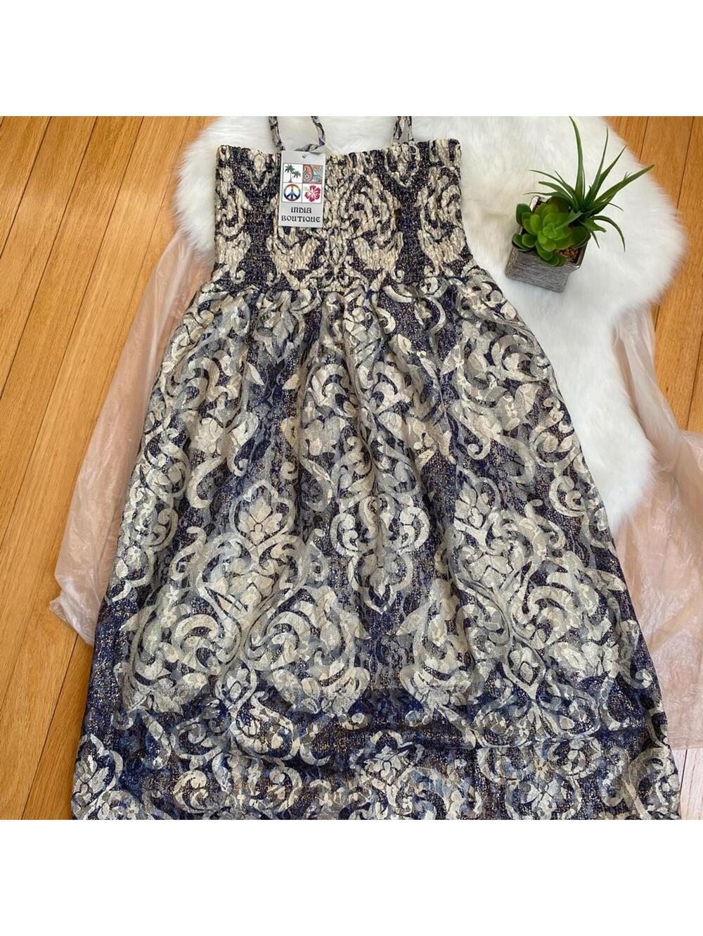 India Boutique Shimmering Navy Gold Lace Midi Dress One Size